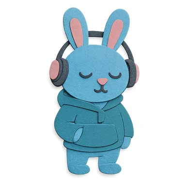 blue bunny in hoodie, one paw in pocket, headphones on, paper-craft style sticker