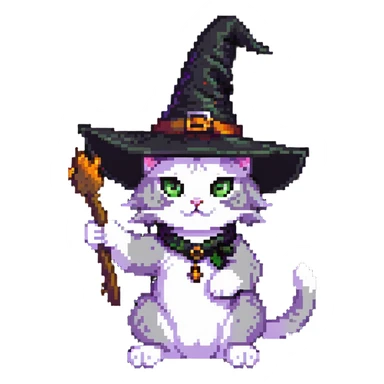 witch cat with a visible paw, cat wearing a witch hat, casting a spell sticker