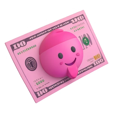 $100 bill in 3D emoji style, pink and white color scheme, playful and bold sticker