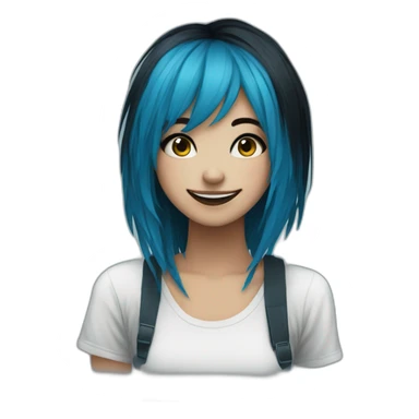 Happy emo girl, black makeup, long choppy blue hair side bangs sticker