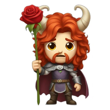 angry prince with horns and long red hair holding a rose sticker