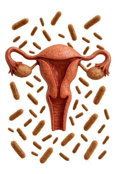 batteri intestinali fluttuano intorno ad un utero umano anatomico, iperrealistico 4k sticker