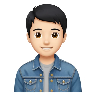 emoji of a teenage boy, straight black hair, wearing a denim jacket, playful smile sticker