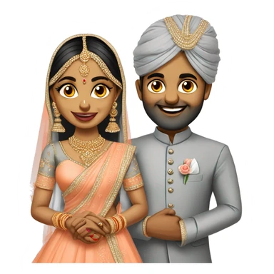 south indian wedding caricature of bride wearing peach colour lehenga and groom wearing Grey coloured suit sticker
