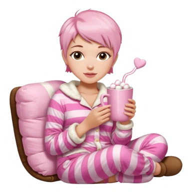  short pixie haircut aesthetic Victoria's Secret pajama set, Ugg boots, holding hot chocolate with pink and white marshmallows, cozy and cute sticker