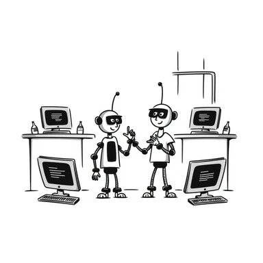 A robotics lab with mechanical arms and old CRT monitors sticker