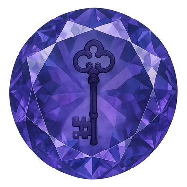 real diamond, circle-diamont gem shape, color #9665db, with complex 🗝️ key  symbol on the diamond. sticker