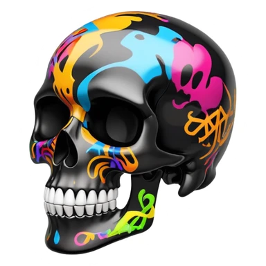 glossy black skull with colorful graffiti designs and fashion logos precisely contained inside the skull contours, three-quarter view sticker