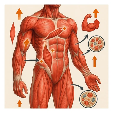 hyper realistic illustration showing various large and small muscles of the human body, all highlighted and connected by arrows or symbols representing the physiology of hypertrophic growth, detailed anatomy, educational and modern atmosphere, vivid colors, light background, symbols of muscle growth and cellular processes visible to emphasize the concept of common physiological response sticker