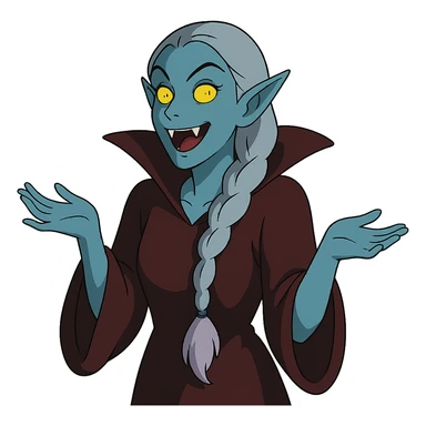 1 female, single long white braid with lavender tips. Vampire with blue skin and glowing gold yellow eyes. Meme pose sticker