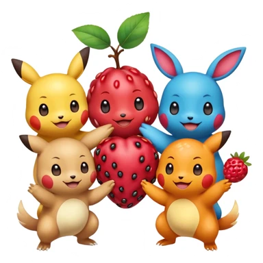 Three Pokémon characters showing kindness and teamwork. One Pokémon is handing a berry to another, while the third Pokémon is cheering and clapping happily. They look joyful and friendly, standing close together in a bright, colorful cartoon scene. The style is cute, playful, and emoji-like. sticker