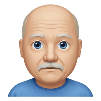 75, goatee, bald, grey side hair, chubby, blue eyes, chin hair sticker