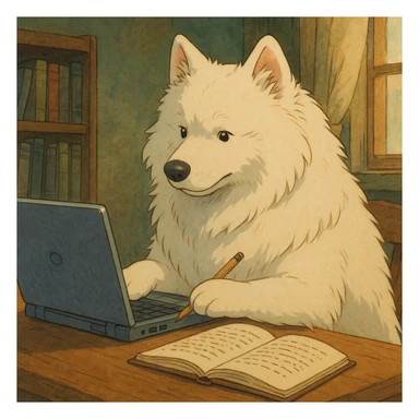 Samoyed writing a novel using a laptop sticker