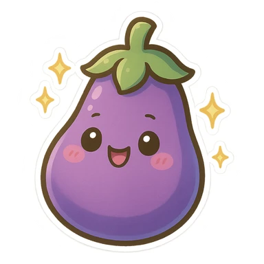 chibi sticker-style eggplant with sparkles, cute and exaggerated sticker
