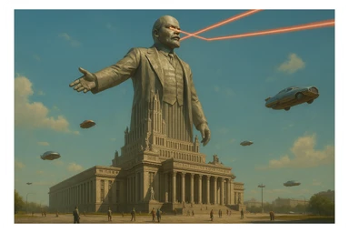 Дворец Советов реалистичный, как на фото. В стиле Atomic Heart, ретрокиберпанк. Упор на 100-метровую фигуру Ленина, у которой из глаз прожекторы лазерные. Светло, день sticker