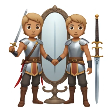 A person standing in front of a mirror, looking at their own reflection, while a sword lies on the ground beside them. The mirror represents self-awareness and acceptance sticker