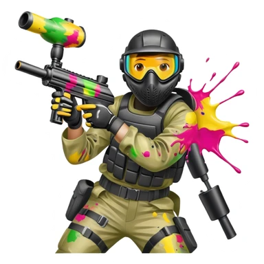A paintball player in full gear, aiming a paintball gun with focus and determination. The scene includes vibrant splashes of paint and a dynamic battlefield setting, emphasizing action, strategy, and teamwork in a competitive environment sticker