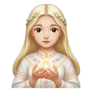 Young Ukrainian girl with blonde hair wearing a traditional white embroidered shirt (vyshyvanka) gently holding a glowing ethereal light representing the soul in her hands sticker