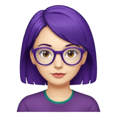 Cartoon 50-year-old youthful woman with purple glasses, brown eyes, and indigo hair to her shoulders in a dark green shirt. sticker