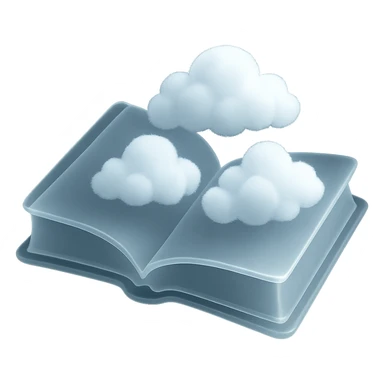 толстая развернутая книга, страницы из маленьких очень ярко белых пушистых выпуклых облаков, стиль matte glass sticker