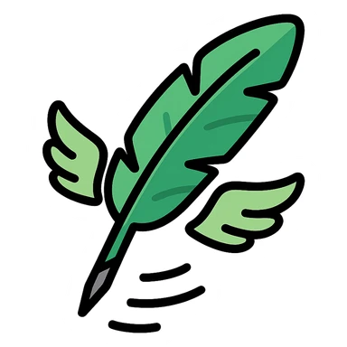 digital sticker of a flying feather quill, semi-realistic vector art style, clean outlines, flat green black and gray colors, slight shadows, arranged for a sticker sheet sticker