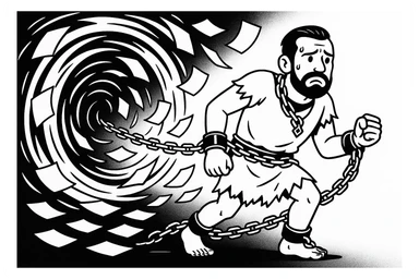 Используя такую стилистику сгенерируй героя в образе раба, закованного в кандалы и цепи идут в огромный ураган из бумаги, который символизирует бумажную рутину sticker