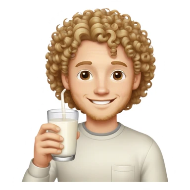 White man with curles holding milk and smiling sticker