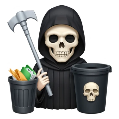 grim reaper looking at phone and a trash can with paper sticker
