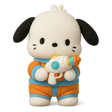 Pochacco holding a cute toy blaster, white with black ears, wearing an orange and blue astronaut suit, plushy Popmart doll style, playful and adorable sticker
