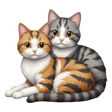 full body colourful light patched calico + white tabby cat cuddling a big dark grey and white tabby cat  sticker
