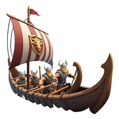 clash-of-clans-aesthetic_-cinematic-viking-longboat, rendered in a flat, bold vector style with minimal shading, featuring a striking dragon-headed prow slicing through icy, churning waters. shields on the side and vikings rowing The longboat’s intricately detailed shields and carved motifs evoke a sense of epic adventure and Nordic might, with billowing sails catching a dramatic, stormy sky backdrop. sticker