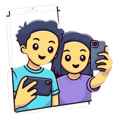 Two best friends taking a selfie together with Instagram frame, holding a phone, Instagram worthy sticker