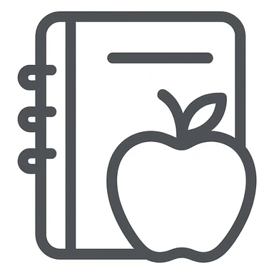 modern, simple icon of an apple and notebook with clear lines and neutral colors, no folder, just the symbol sticker