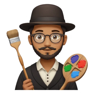 generate an ios genmoji of a 20 year old tan indian boy with rounded spectacles and a AMISH beard, carrying a paintbrush and palette sticker