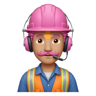 construction worker with pink curly hair and protective headphones and mustache sticker