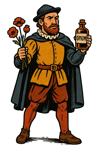 the full body of a tudor explorer sailor holding small poppies and an old medicine bottle with the word opium on it sticker