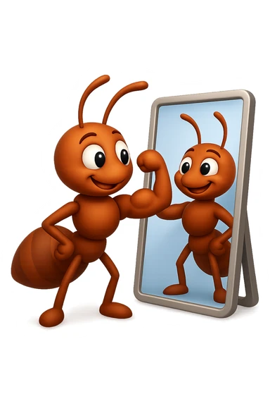 EMOJI STILE IPHONE 3D DI una formica che si guarda allo specchio felice e sicura di sè mentre contrae il suo bicipite muscoloso, fagli anche la parte bianca degli OCCHI, non solo la pupilla sticker