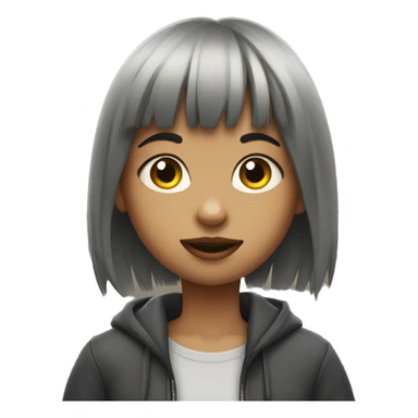 A girl with a wolfcut and bangs eating the city sticker