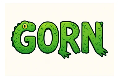 The word 'GORN' in a playful, cartoon style, with each letter featuring green scales and subtle lizard features. sticker