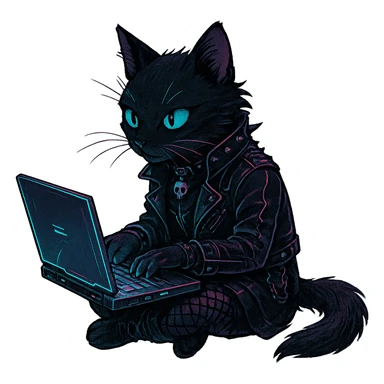  [[[it's a black cat typing at a laptop]]], , punk gothic style, futuristic cyberwave cyberpunk, sitting position
 sticker