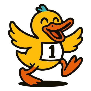 Add a bold racing number to the energetic, vibrant toon style dancing cartoon duck emote for a duck race. Make sure the number is clearly visible and fits the emote style. sticker