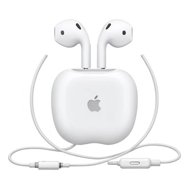 Ultra minimalist white Apple EarPods with cord coiled in a perfect circle, extremely simplified design with minimal details, basic clean outlines, just the essential shape of white headphones and wire in a circle, iOS style sticker