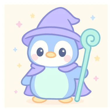 a penguin dressed as a wizard, with a pointed hat and a magic staff, in a fun and whimsical style sticker
