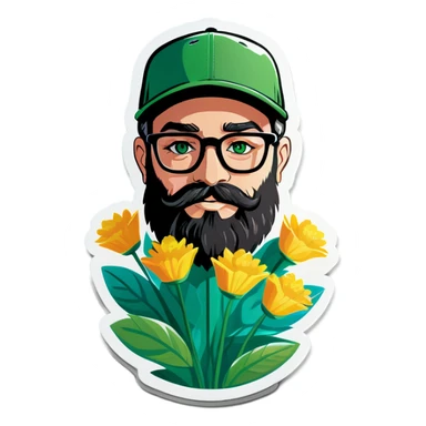 A bold man with a grey baseball cap, green eyes, big beard and glasses, holding flowers sticker