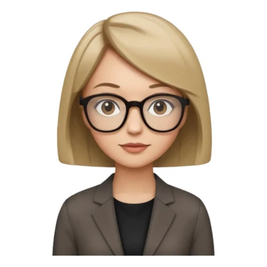 woman dark blonde petite bob haircut wears dark squarish glasses, classic clothes sticker