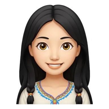 30 yr old asian woman center parted hair big eyes big smile tanned skin straight black hair hippie part hair white blouse sticker