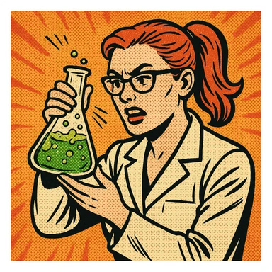 red-haired female chemistry professor wearing white lab coat and glasses, hair tied back, comic book style sticker