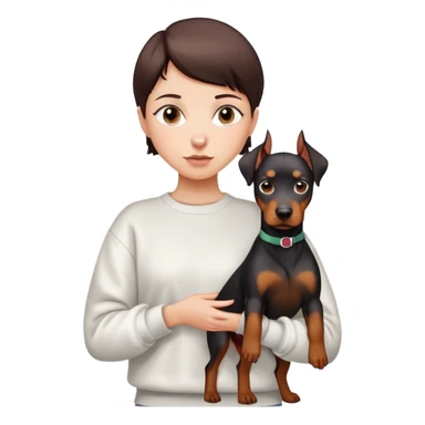A short-haired girl in a white sweatshirt is holding a big Doberman dog sticker