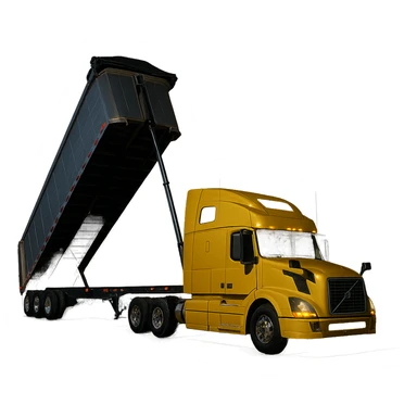 long silver end dump trailer hooked to a Volvo yellow semi sleeper truck, trailer in dump position, photorealistic night scene, crisp details, no background sticker