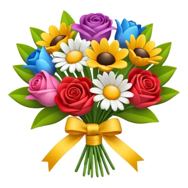 Apple-style 3D emoji of a colorful flower bouquet, tied together with a small ribbon, different bright flowers like roses, tulips and daisies, cheerful and elegant design, no background sticker